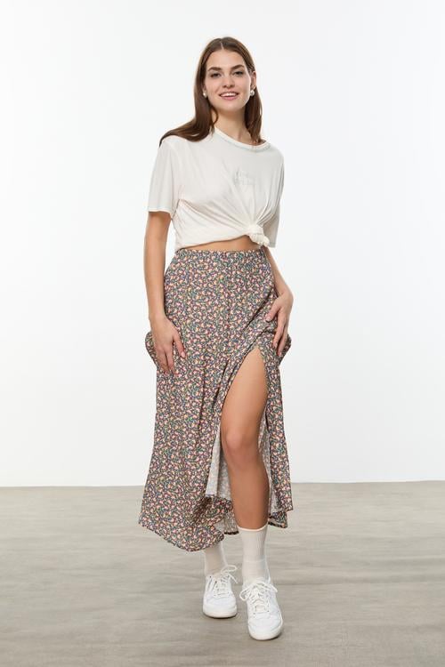  ÇİÇEK DESENLİ YIRTMAÇLI UZUN ETEK