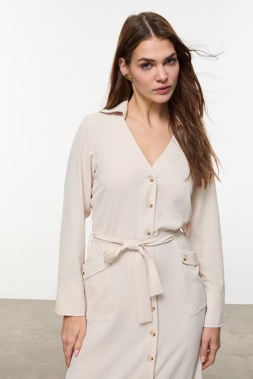  KUŞAKLI UZUN GÖMLEK ELBİSE