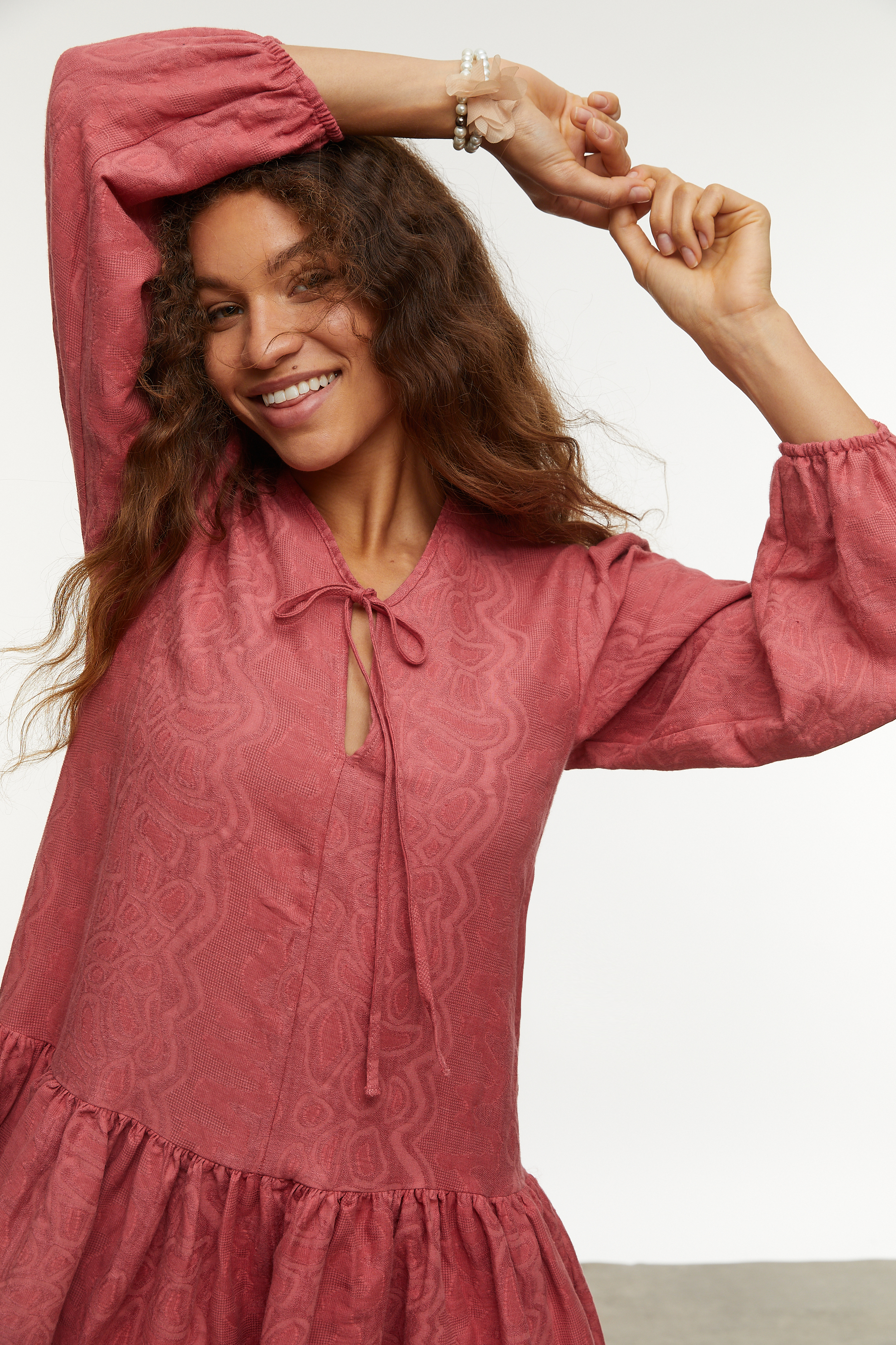 KETEN KARIŞIMLI MİNİ KLOŞ ELBİSE