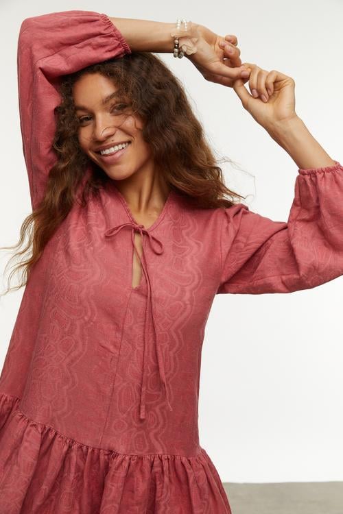  KETEN KARIŞIMLI MİNİ KLOŞ ELBİSE