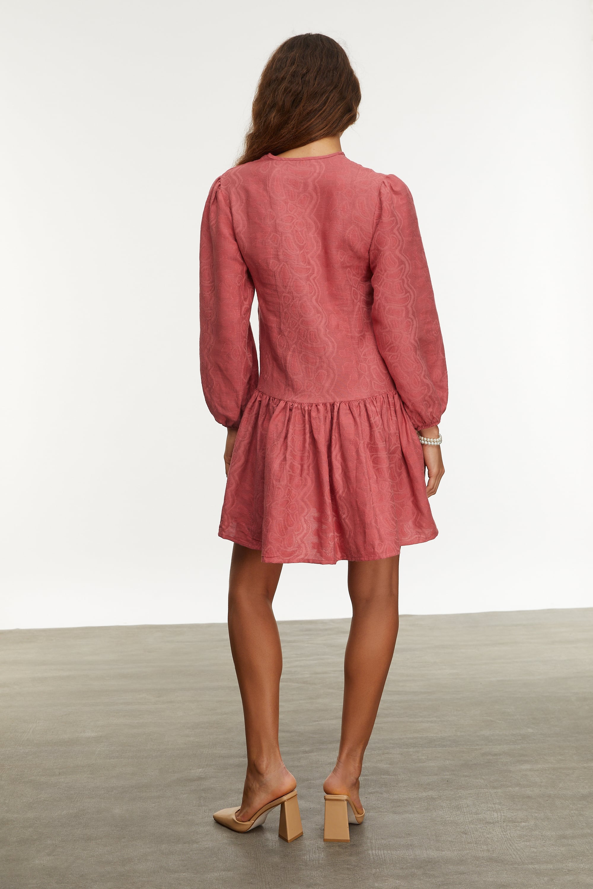 KETEN KARIŞIMLI MİNİ KLOŞ ELBİSE