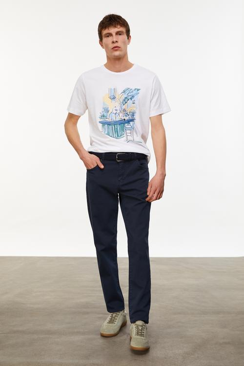  Erkek Beyaz Baskılı Bisiklet Yaka Kısa Kollu T-Shirt