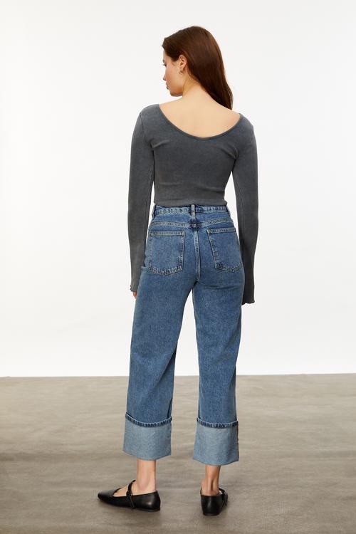  FİTİLLİ AÇIK YAKA UZUN KOLLU T-SHIRT