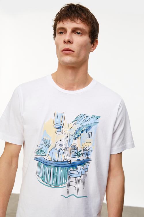  Erkek Beyaz Baskılı Bisiklet Yaka Kısa Kollu T-Shirt