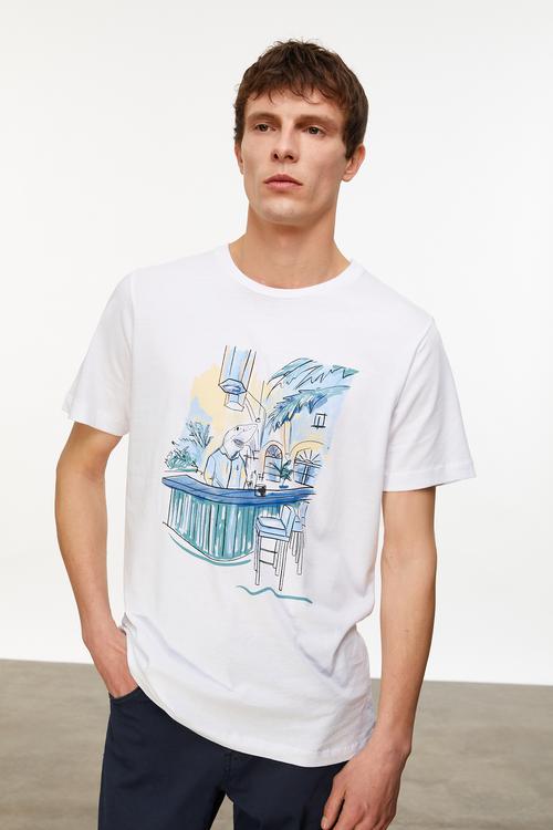  Erkek Beyaz Baskılı Bisiklet Yaka Kısa Kollu T-Shirt