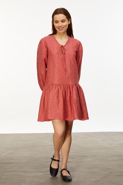  KETEN KARIŞIMLI MİNİ KLOŞ ELBİSE