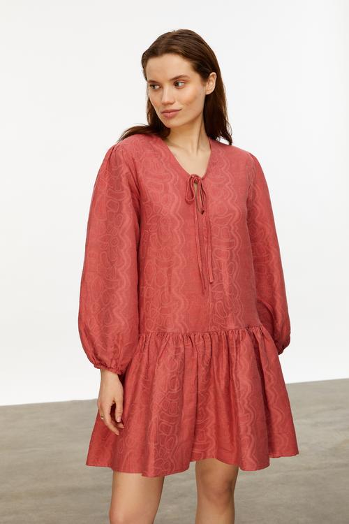  KETEN KARIŞIMLI MİNİ KLOŞ ELBİSE