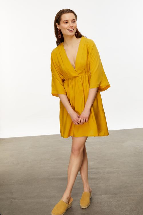  MODAL KARIŞIMLI V YAKA MİNİ ELBİSE