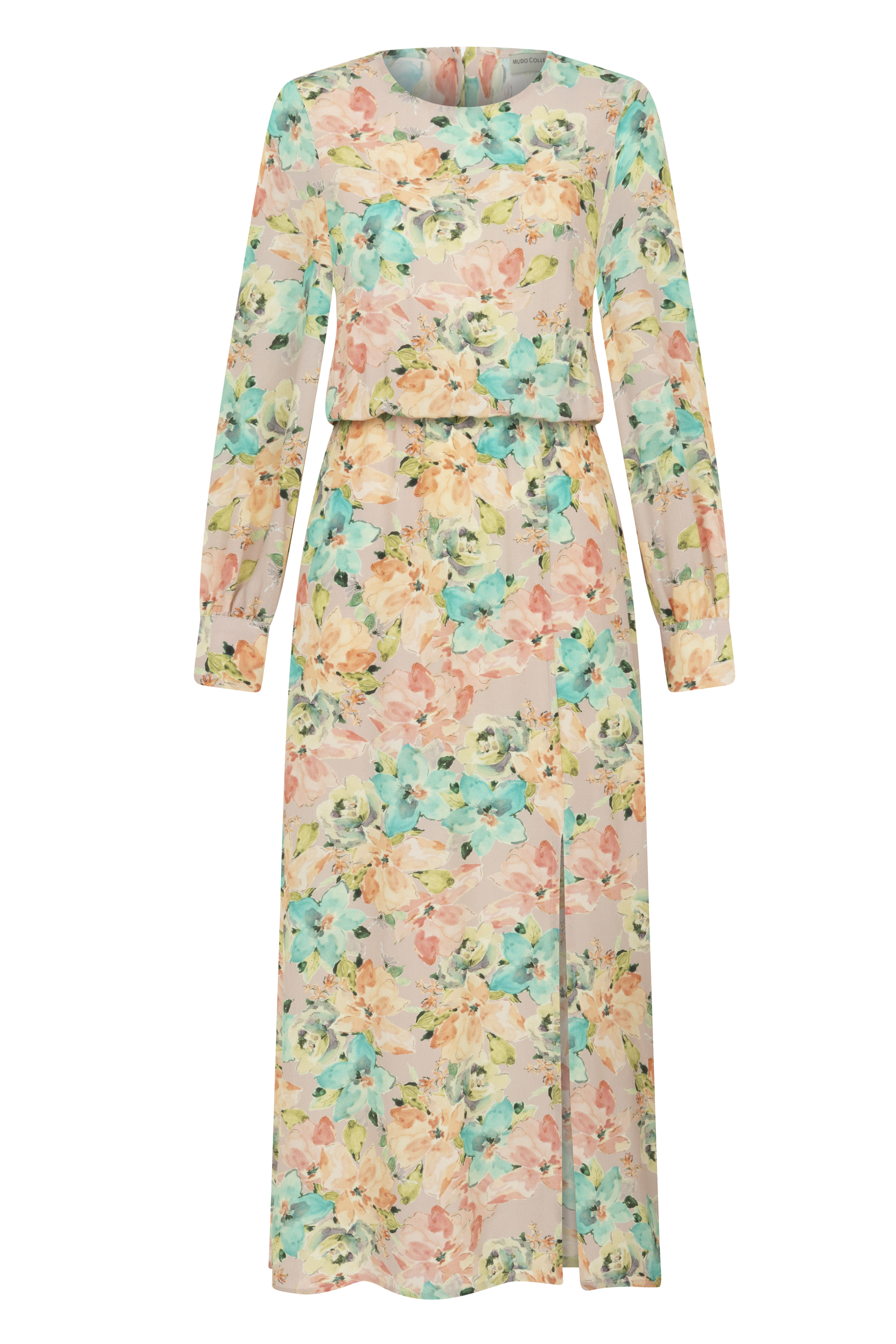 ÇİÇEK DESENLİ YIRTMAÇLI UZUN ELBİSE