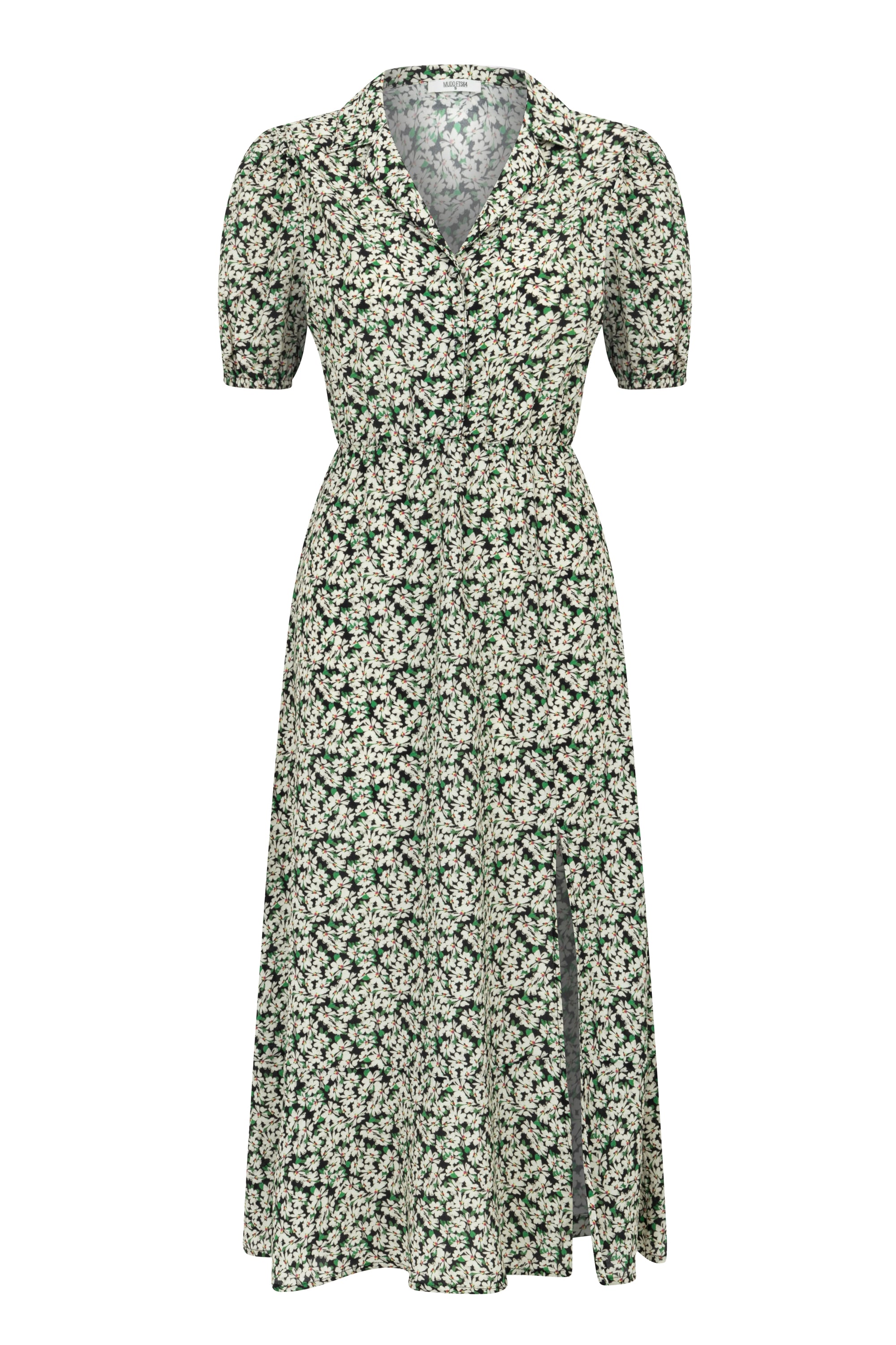 ÇİÇEK DESENLİ YIRTMAÇLI MİDİ ELBİSE