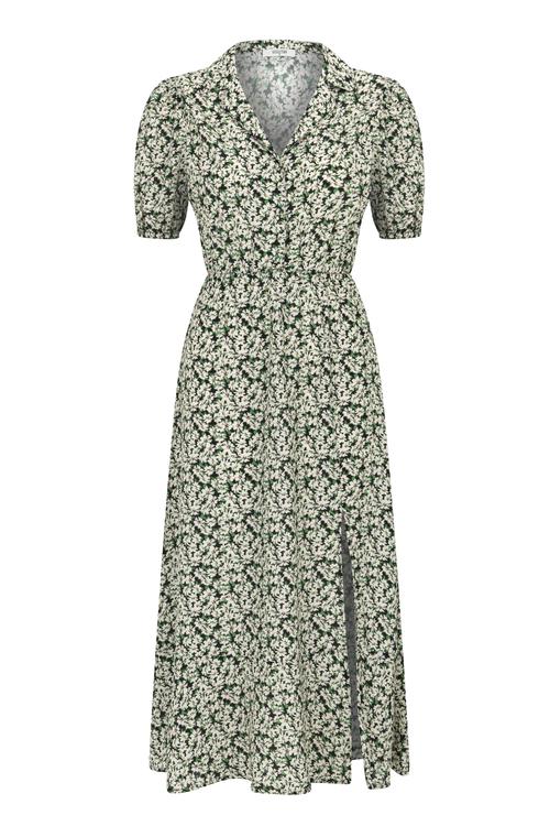  ÇİÇEK DESENLİ YIRTMAÇLI MİDİ ELBİSE