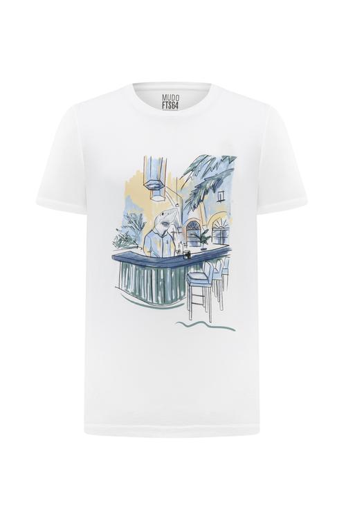  Erkek Beyaz Baskılı Bisiklet Yaka Kısa Kollu T-Shirt