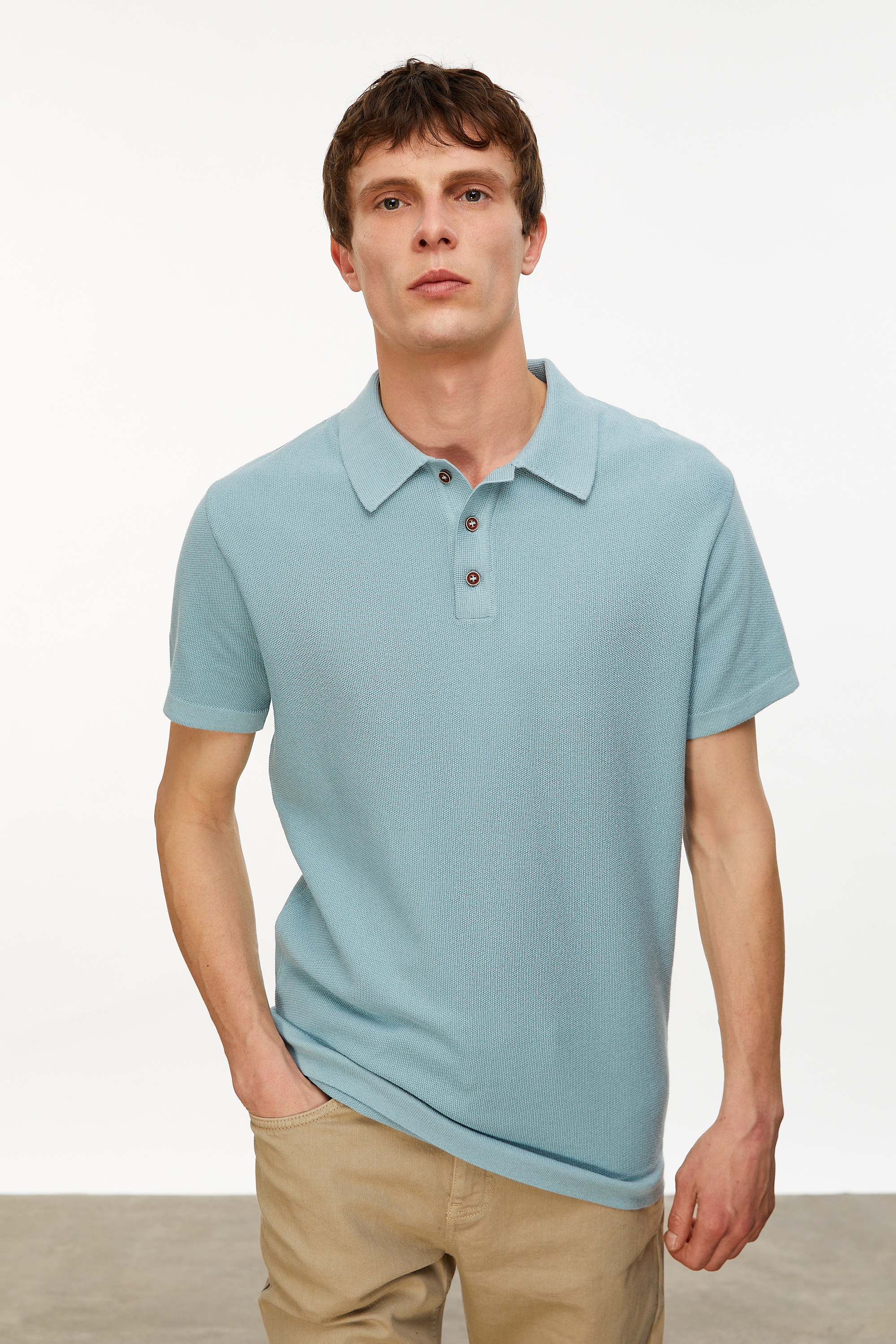 Erkek Mint Yeşil Polo Yaka Kısa Kollu Triko