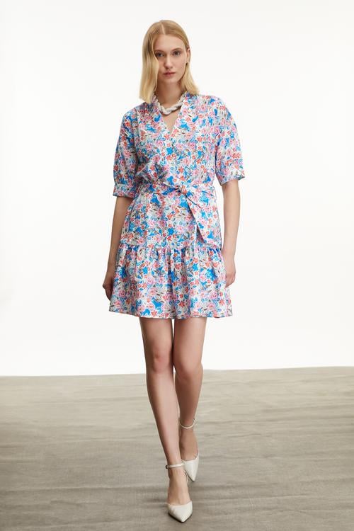  ÇİÇEK DESENLİ MİNİ KLOŞ ELBİSE