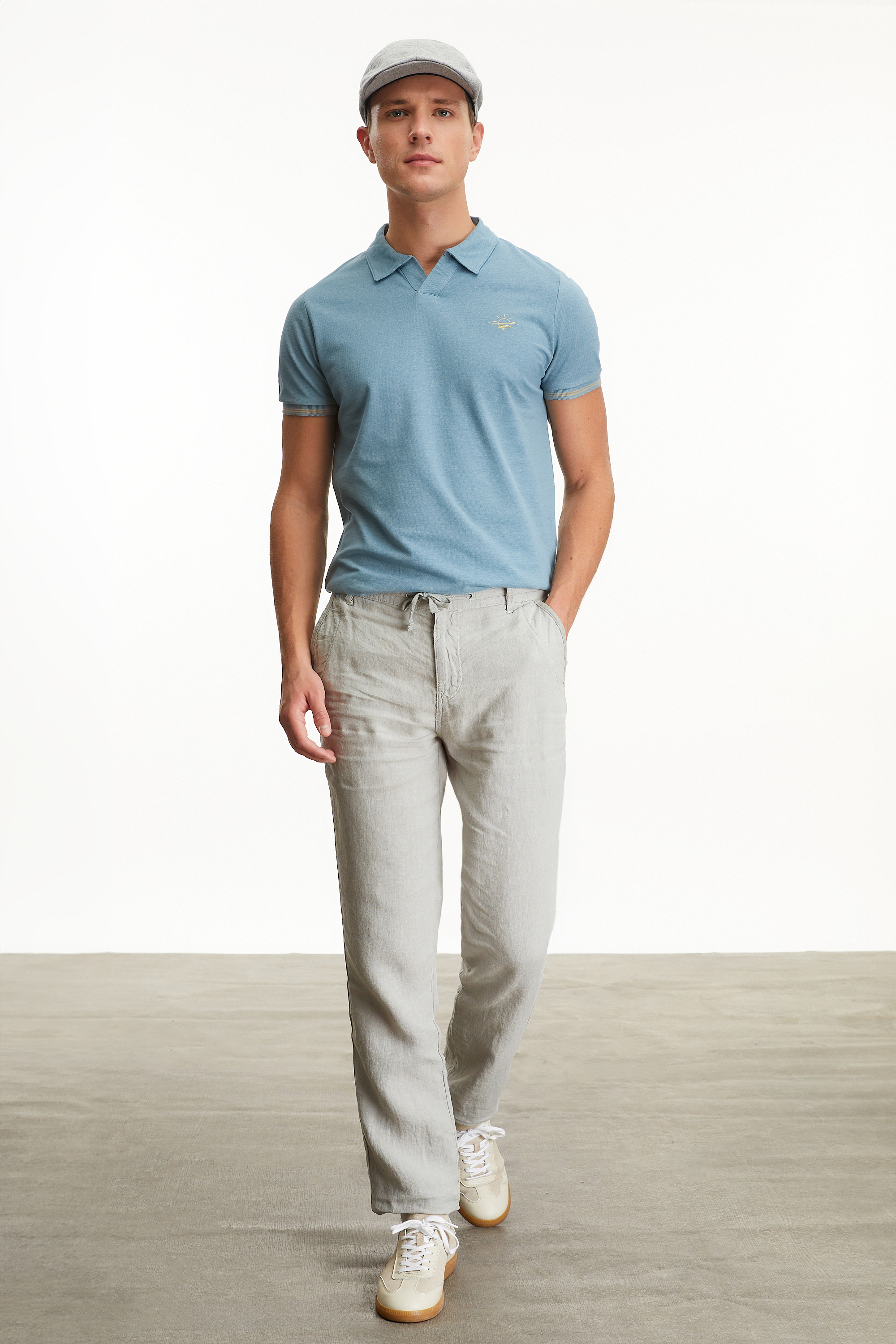 Erkek Gri Straight Fit Keten Pantolon