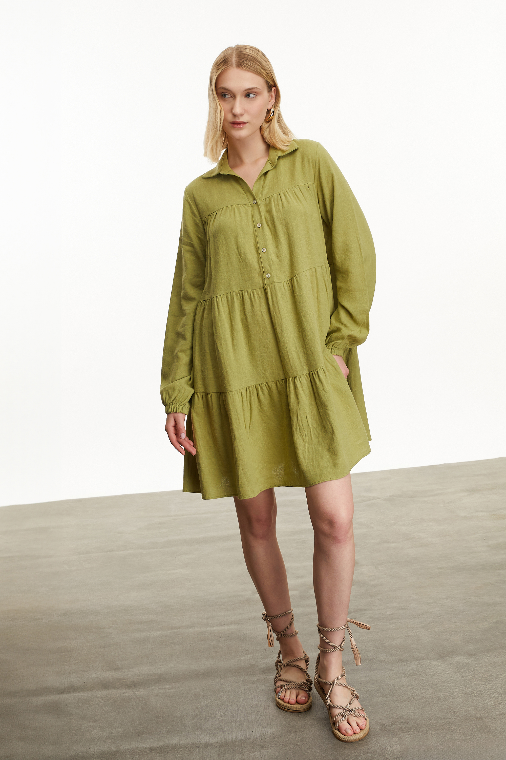 KETEN KARIŞIMLI MİNİ GÖMLEK ELBİSE