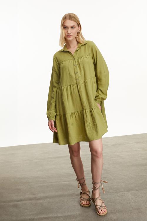  KETEN KARIŞIMLI MİNİ GÖMLEK ELBİSE