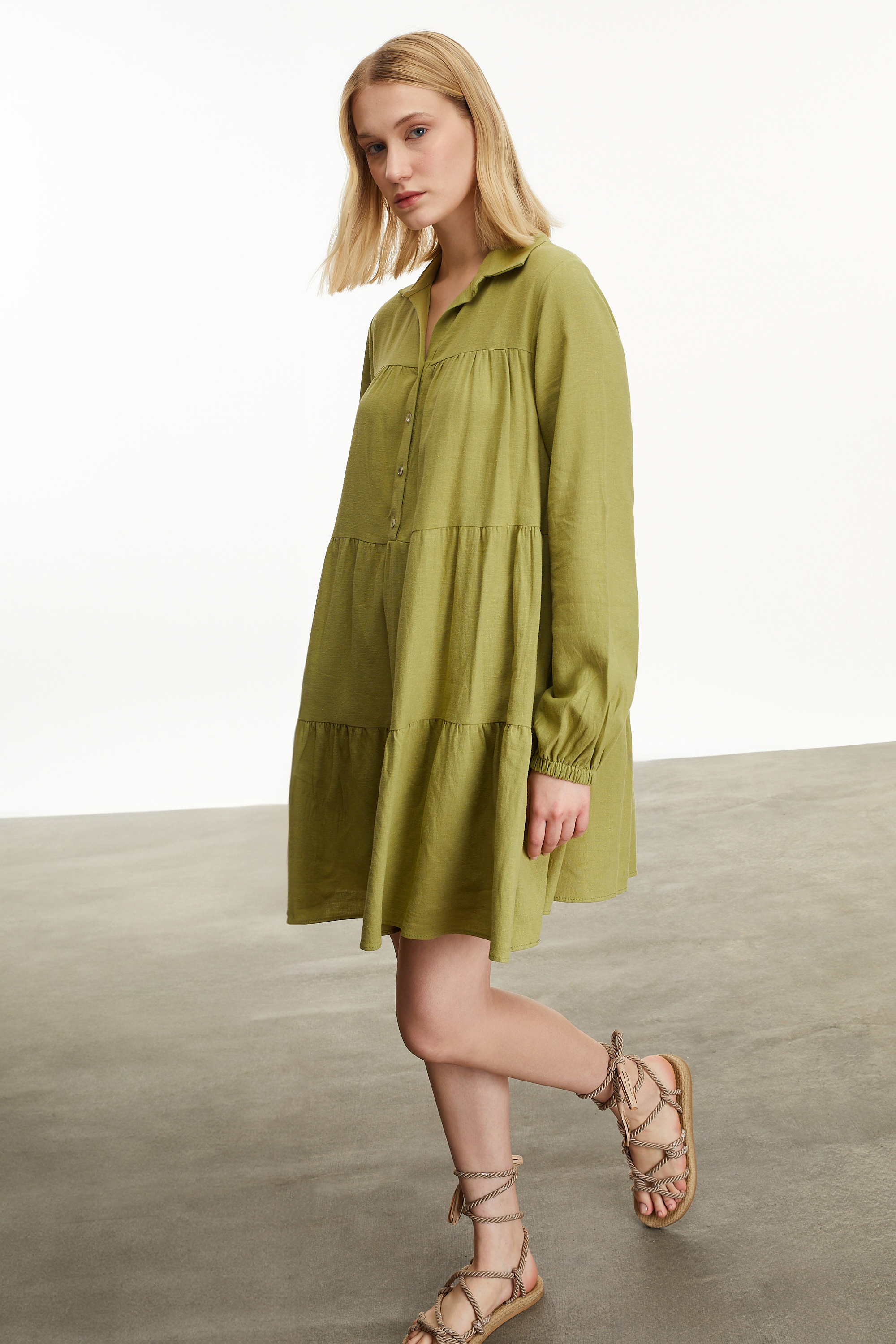 KETEN KARIŞIMLI MİNİ GÖMLEK ELBİSE