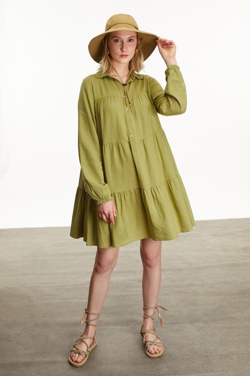  KETEN KARIŞIMLI MİNİ GÖMLEK ELBİSE