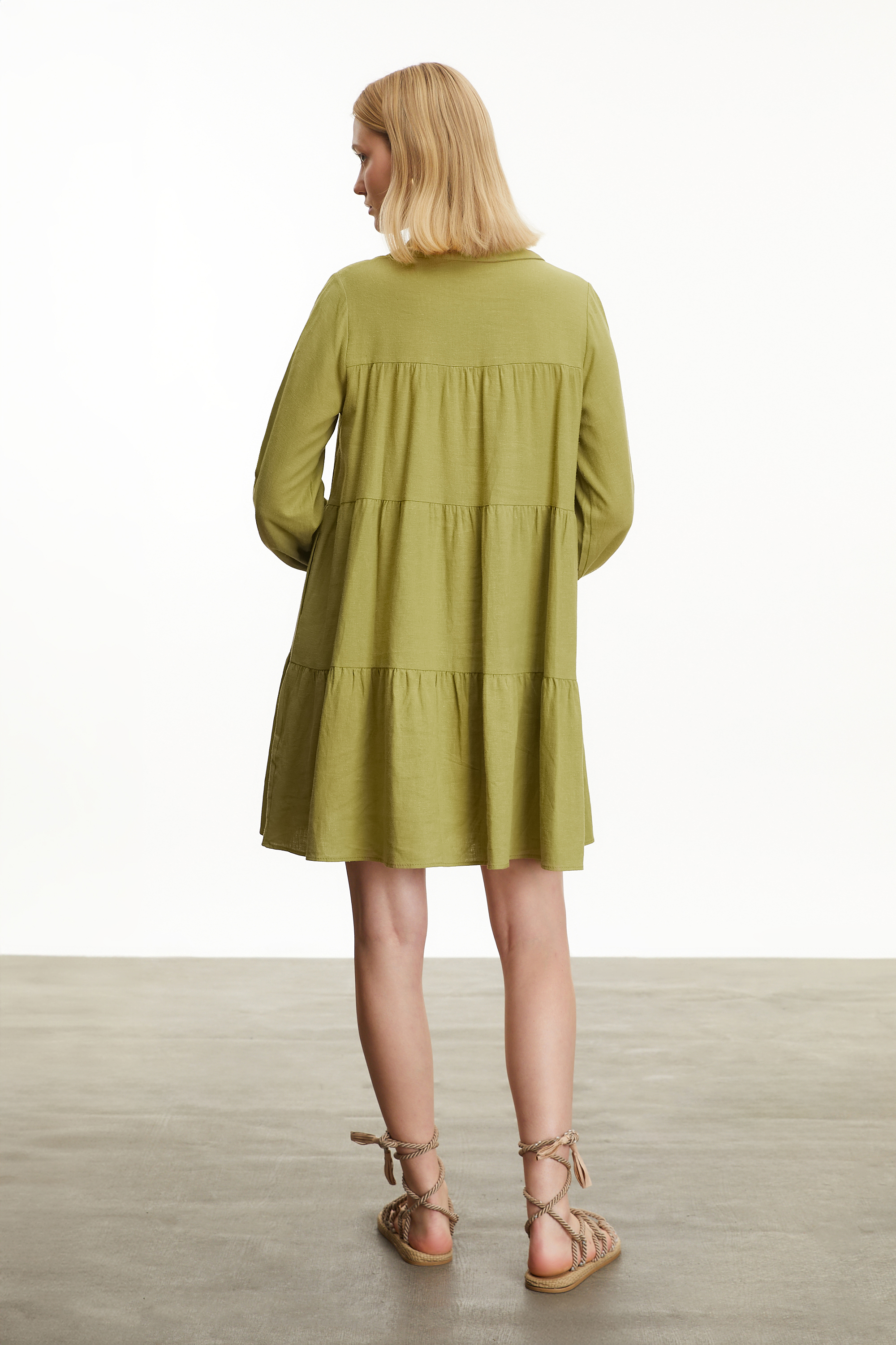 KETEN KARIŞIMLI MİNİ GÖMLEK ELBİSE