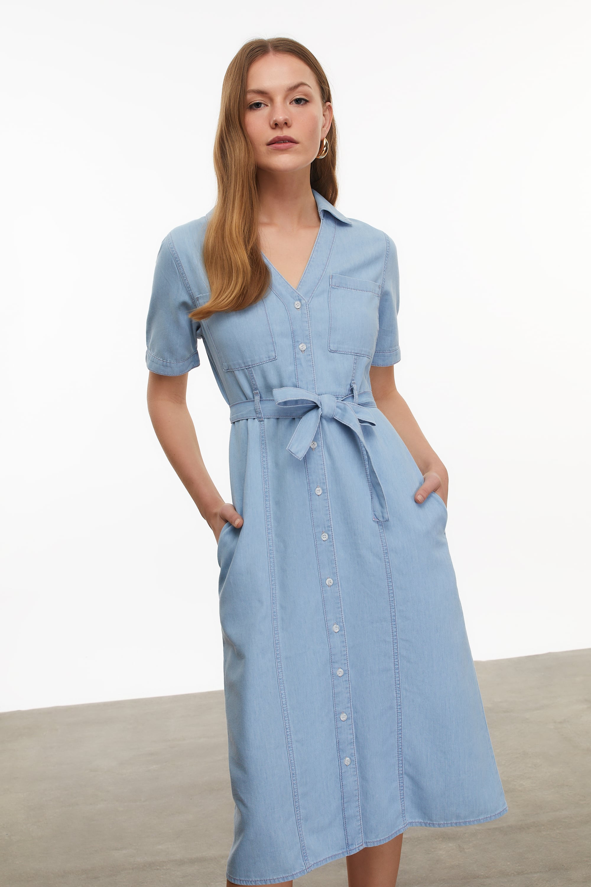 LİYOSEL KARIŞIMLI KUŞAKLI MİDİ ELBİSE