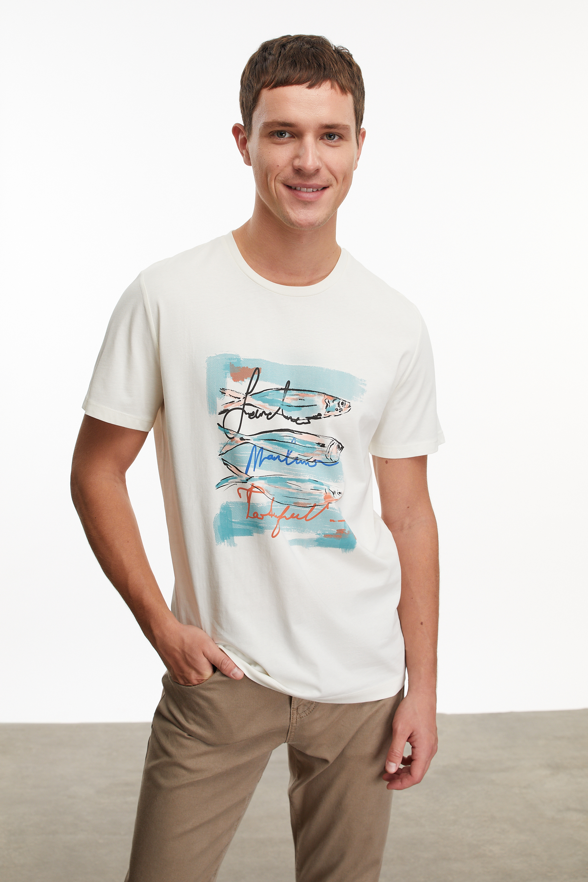 BALIK BASKILI BİSİKLET YAKA KISA KOLLU T-SHIRT