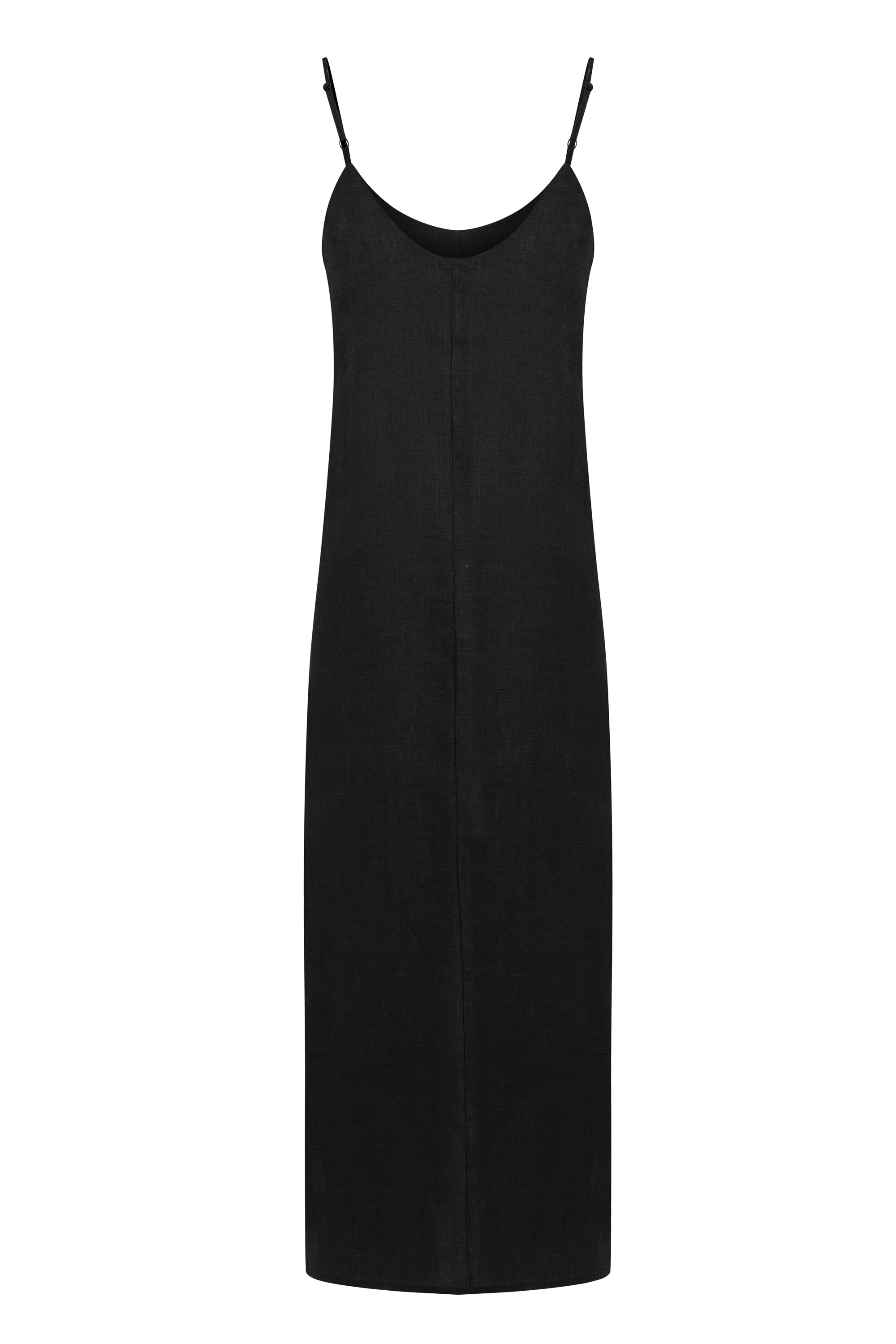 KETEN YIRTMAÇ DETAYLI ASKILI MİDİ ELBİSE