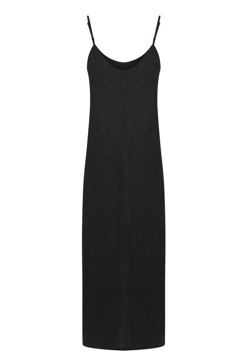  KETEN YIRTMAÇ DETAYLI ASKILI MİDİ ELBİSE