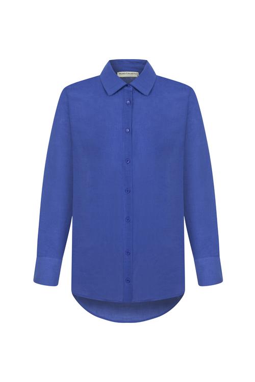  Kadın Saks Mavi Regular Fit Keten Gömlek