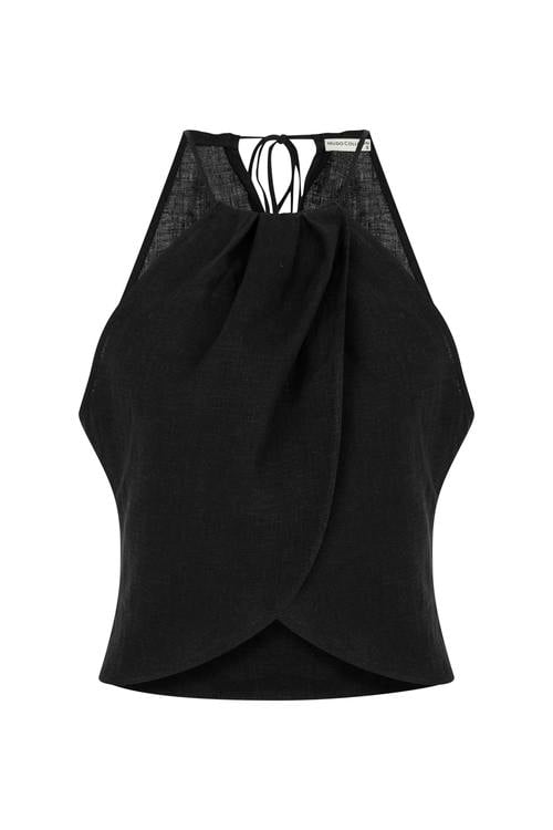  BAĞLAMA DETAYLI HALTER YAKA KETEN BLUZ