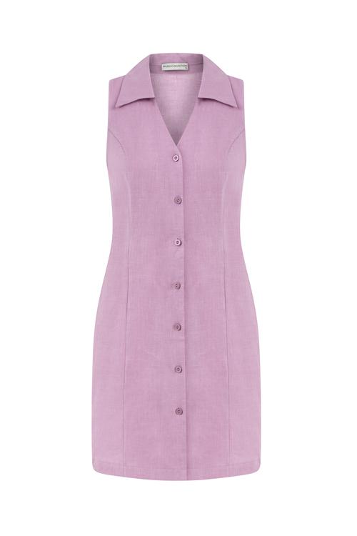  DÜĞMELİ KETEN MİNİ DAR ELBİSE