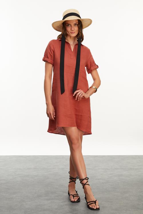  KISA KOLLU MİNİ KETEN ELBİSE