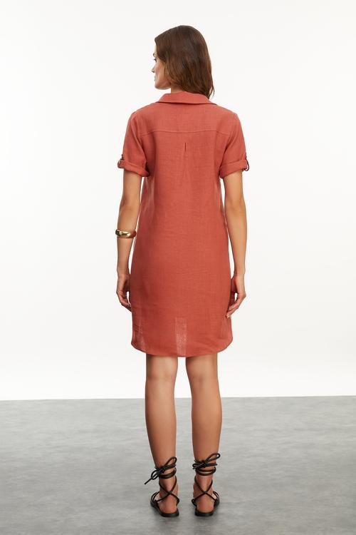  KISA KOLLU MİNİ KETEN ELBİSE