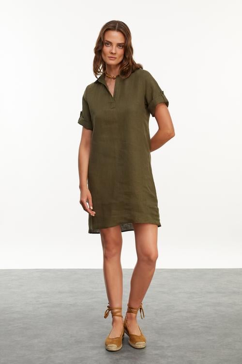  KISA KOLLU MİNİ KETEN ELBİSE