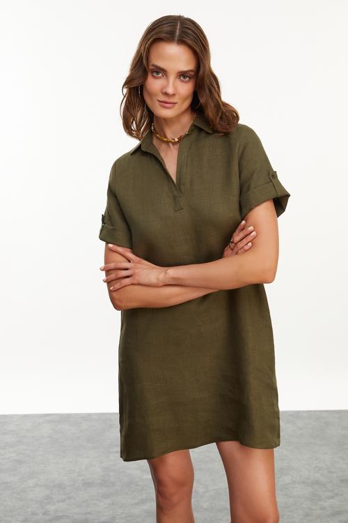  KISA KOLLU MİNİ KETEN ELBİSE