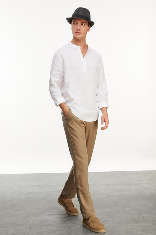  HAKİM YAKA REGULAR FIT KETEN GÖMLEK