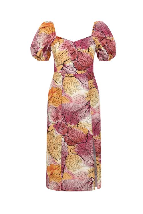  ÇİÇEKLİ YIRTMAÇ DETAYLI MİDİ ELBİSE