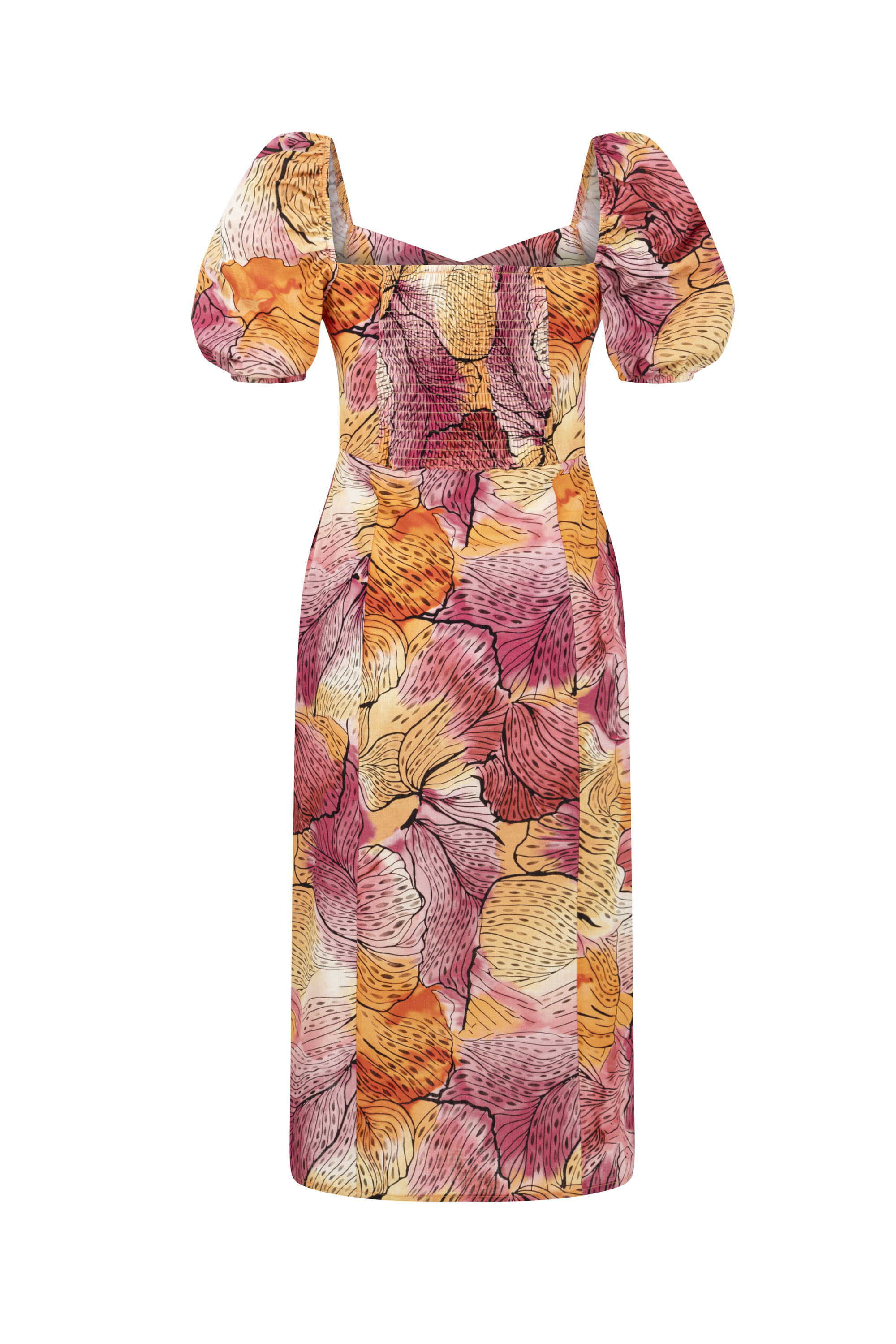 ÇİÇEKLİ YIRTMAÇ DETAYLI MİDİ ELBİSE