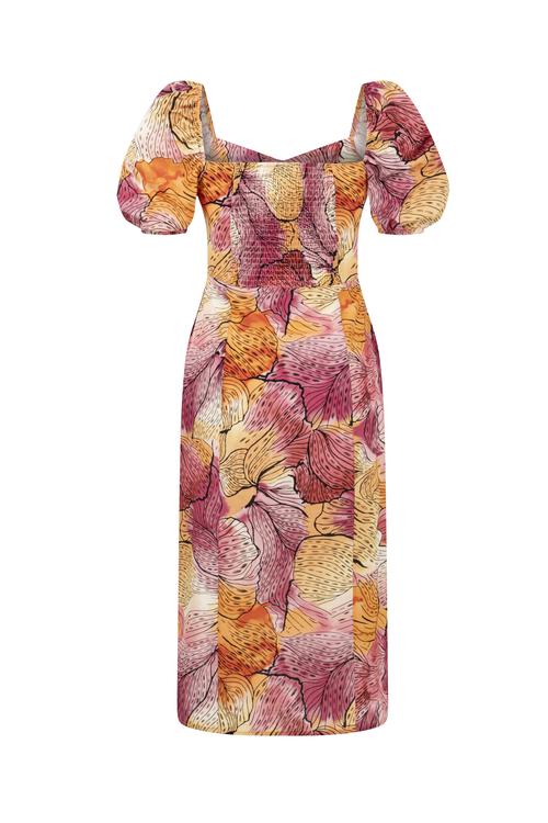  ÇİÇEKLİ YIRTMAÇ DETAYLI MİDİ ELBİSE