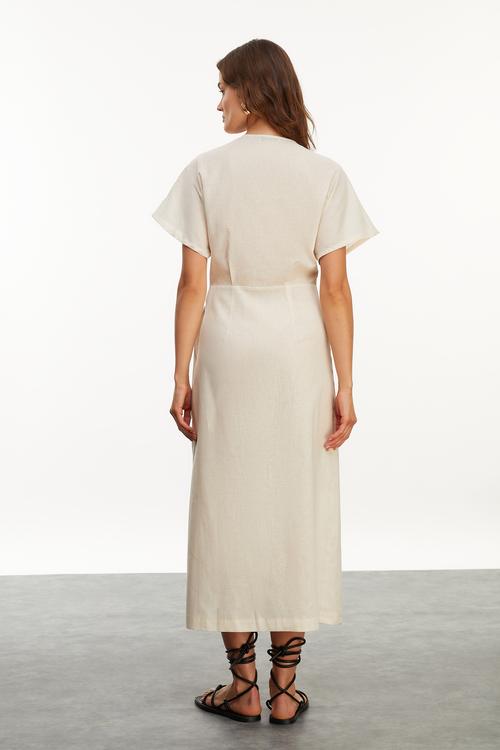  BAĞLAMA DETAYLI MİDİ KRUVAZE ELBİSE