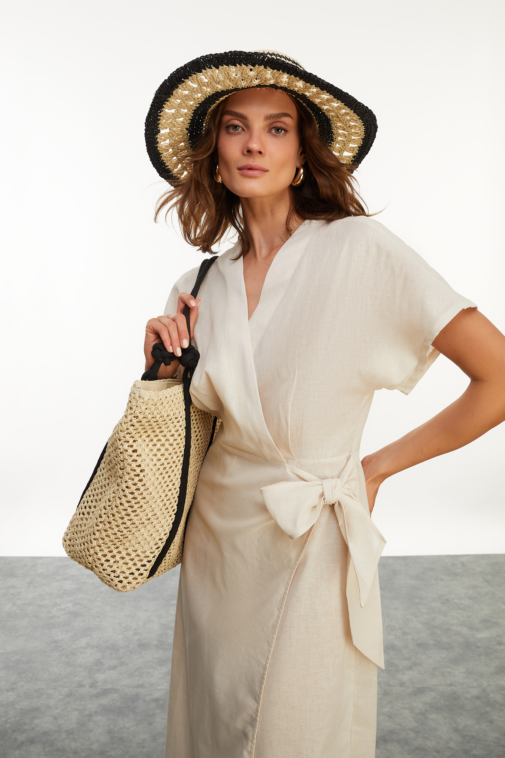 BAĞLAMA DETAYLI MİDİ KRUVAZE ELBİSE