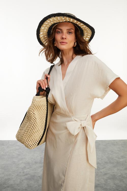  BAĞLAMA DETAYLI MİDİ KRUVAZE ELBİSE