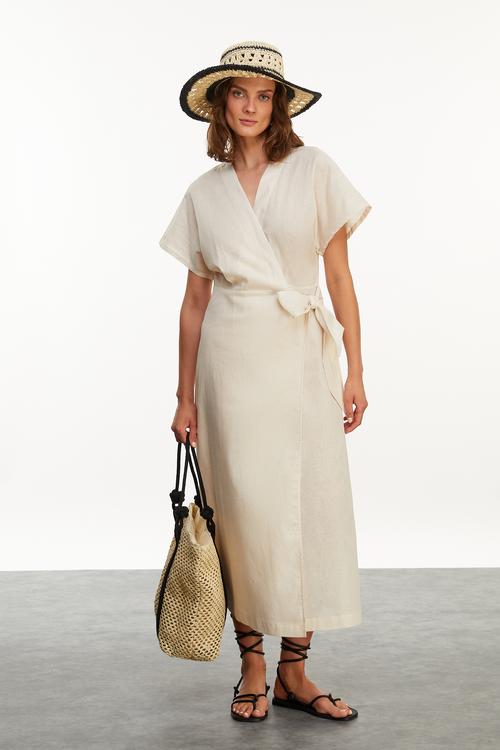  BAĞLAMA DETAYLI MİDİ KRUVAZE ELBİSE