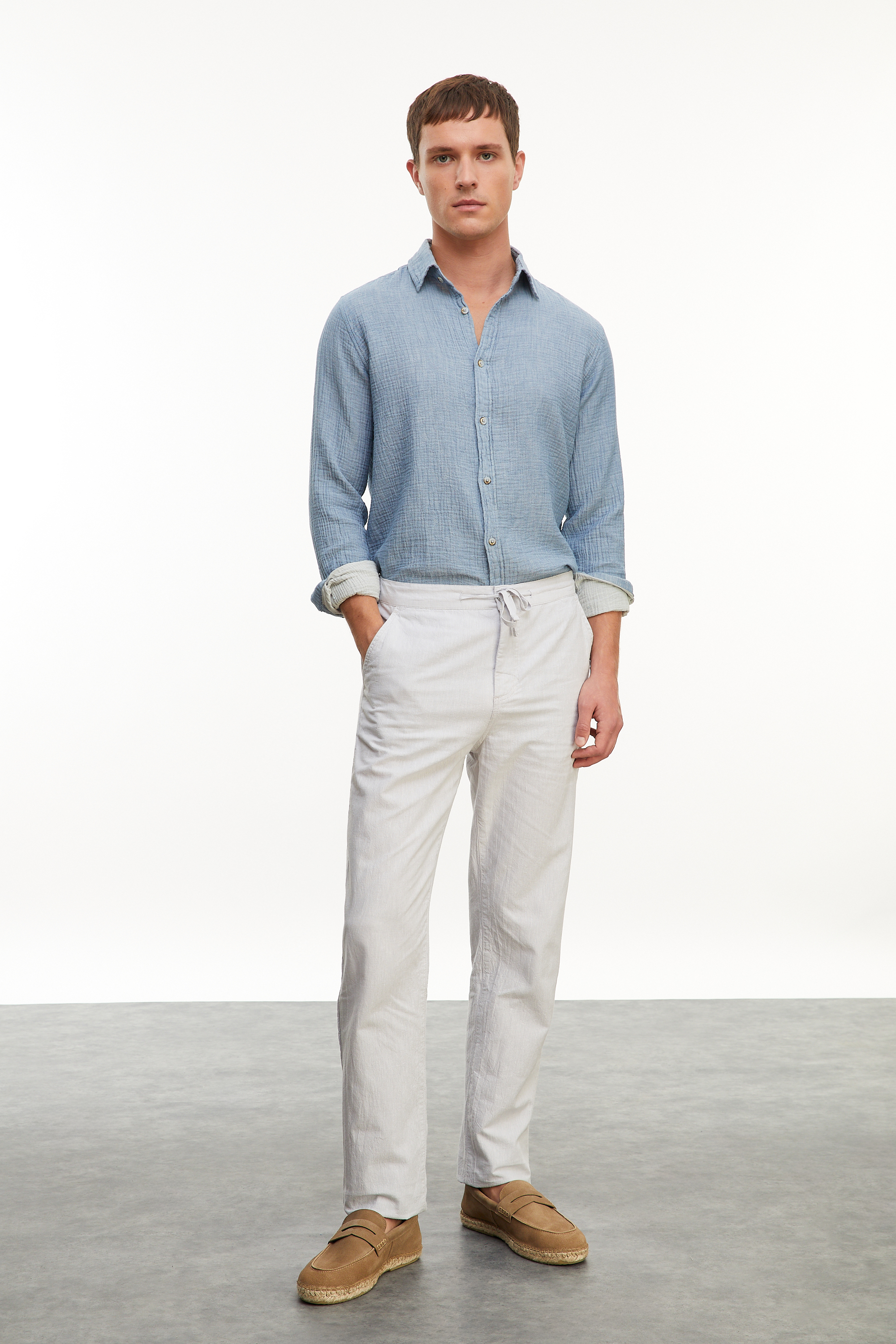 Erkek Gri Keten Karışımlı Slim Fit Pantolon