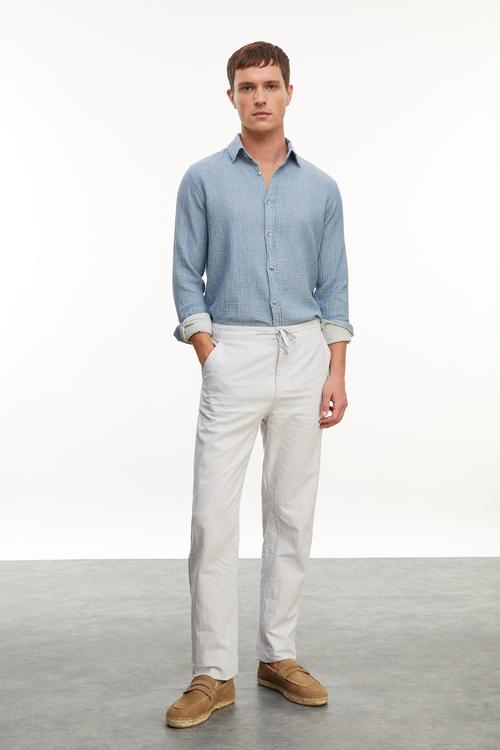  Erkek Gri Keten Karışımlı Slim Fit Pantolon