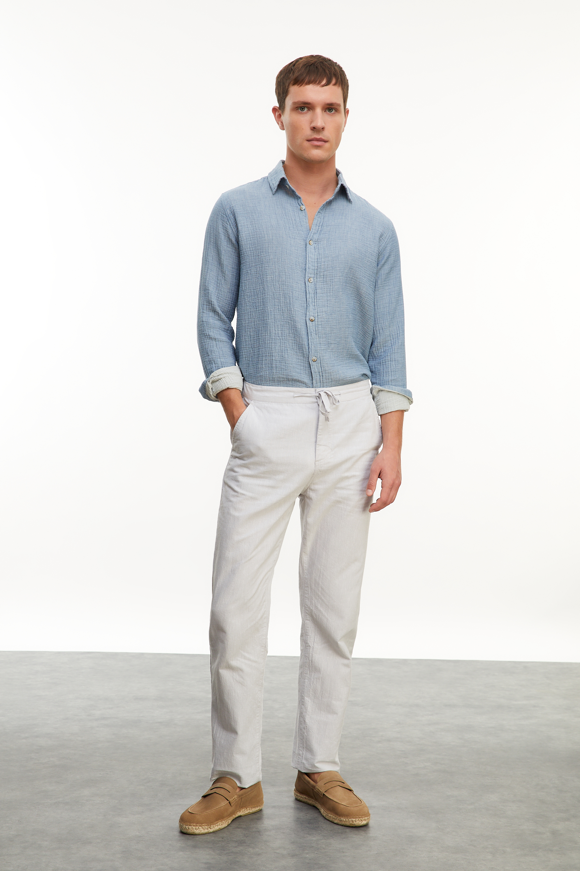 Erkek Gri Keten Karışımlı Slim Fit Pantolon