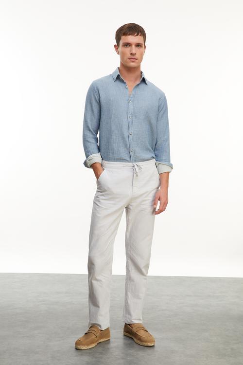  Erkek Gri Keten Karışımlı Slim Fit Pantolon