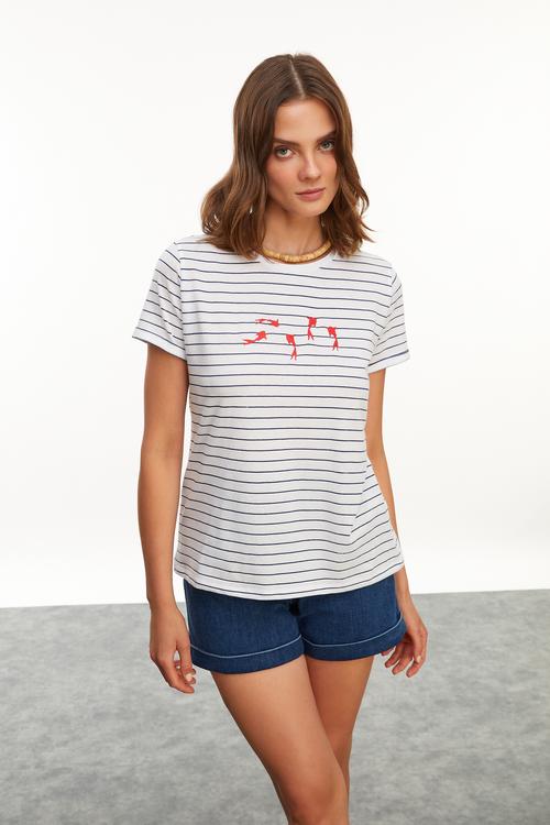  ÇİZGİLİ BİSİKLET YAKA KISA KOLLU T-SHIRT