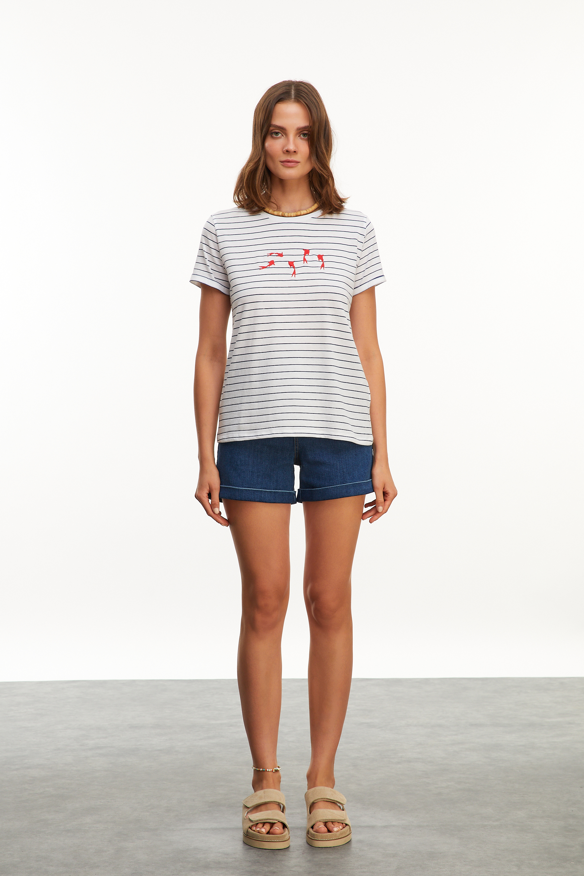 ÇİZGİLİ BİSİKLET YAKA KISA KOLLU T-SHIRT