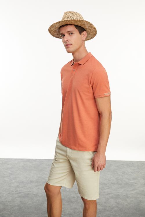  Erkek Kiremit Rengi Polo Yaka Nakışlı T-Shirt